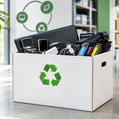 The Greener Side take-back box filled with used IT equipment